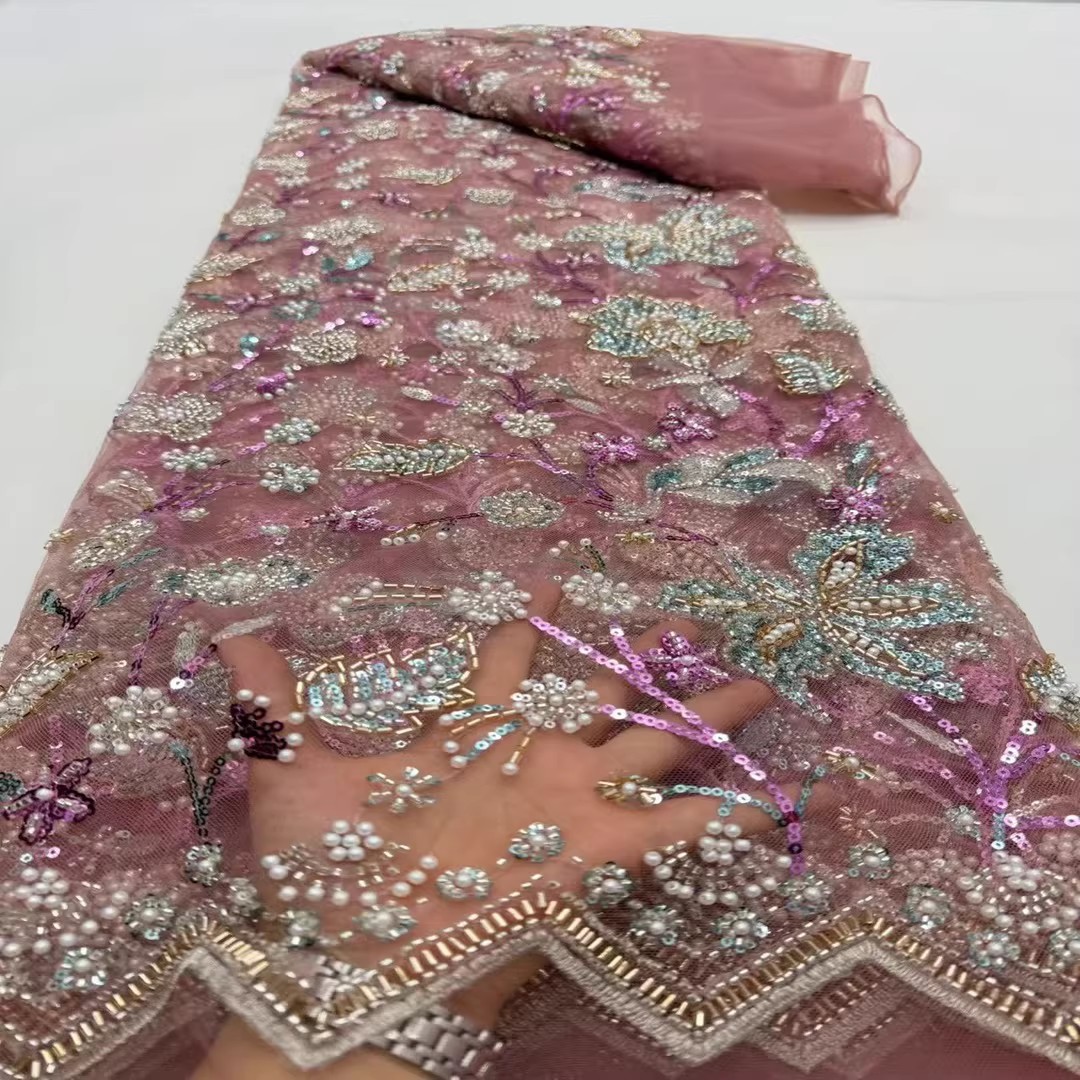 Embroidery Wedding - ผ้าปักเลื่อมลูกปัดแบบหลอด 5 หลา สำหรับเสื้อผ้า ชุดกี่เพ้าหรูหรา และผ้าสำหรับชุดแต่งงาน