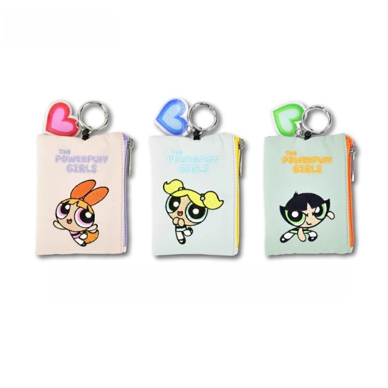 Embroidery Bag - กระเป๋าใส่เหรียญปักลายการ์ตูนน่ารักจากซีรีส์ The Powerpuff Girls พร้อมสายรูดแบบยืดหดได้ เหมาะเป็นของขวัญ