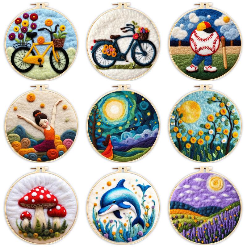 Printed Embroidery Kit - Ruopoty ชุดภาพวาดเย็บปักถักร้อยขนแกะสักหลาดลายจักรยานแบบทำมือกรอบเข็มสักหลาดสำหรับชุดเริ่มต้น20x20cm