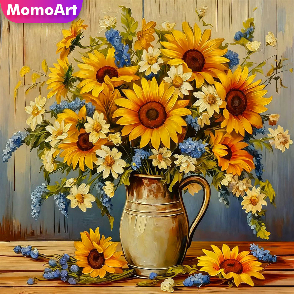 Embroidery Design Patterns Flowers - โมโมอาร์ต ชุดปักครอสติชลายดอกทานตะวัน ผ้าแคนวาสพิมพ์ลาย งานปักลายดอกไม้ ชุดงานฝีมือสุดพิเศษ ของขวัญทำมือ