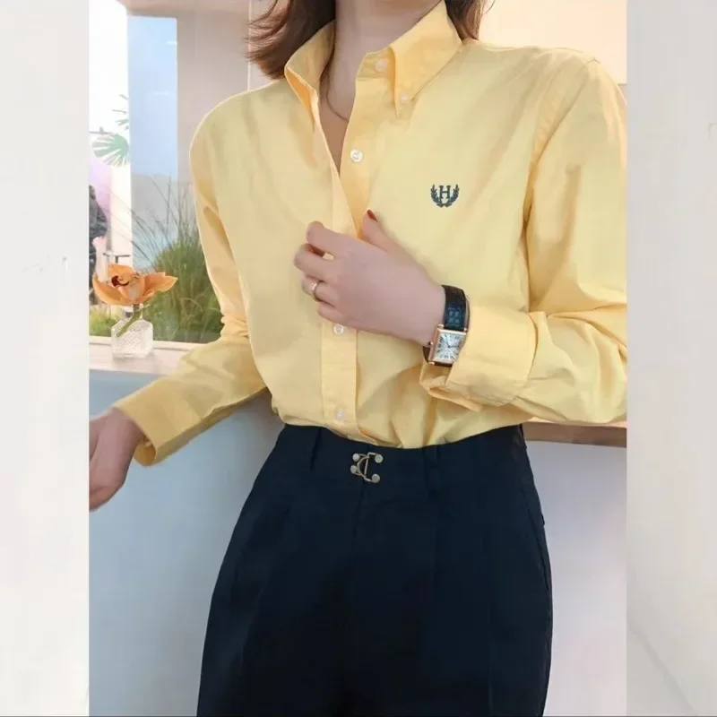 Embroidery Font - Tpjb เสื้อเชิ้ตผู้หญิงแขนยาวสำหรับสาวออฟฟิศปักลายพื้นเสื้อ MODE Korea ลำลองสีพื้น