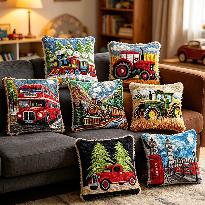Printed Embroidery Kit - ชุดเย็บปักถักร้อยลายวินเทจ รูปทรงหมอน รถไฟไอน้ำ รถแทรกเตอร์ รถโบราณ บิ๊กเบน