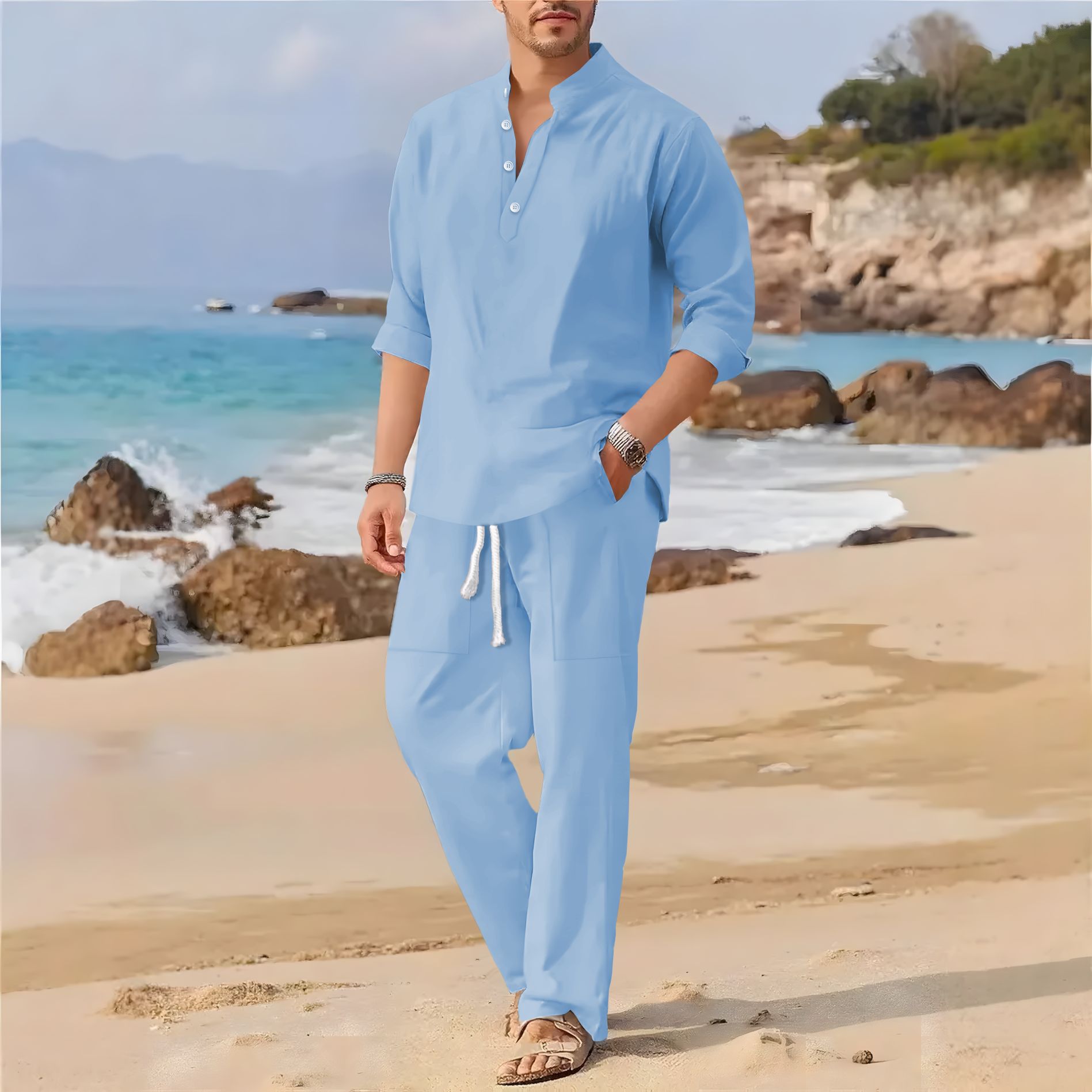 ชุดลำลองผู้ชายสไตล์เรโทร ผ้าฝ้ - Linen Fabric Natural บทวิจารณ์และราคา