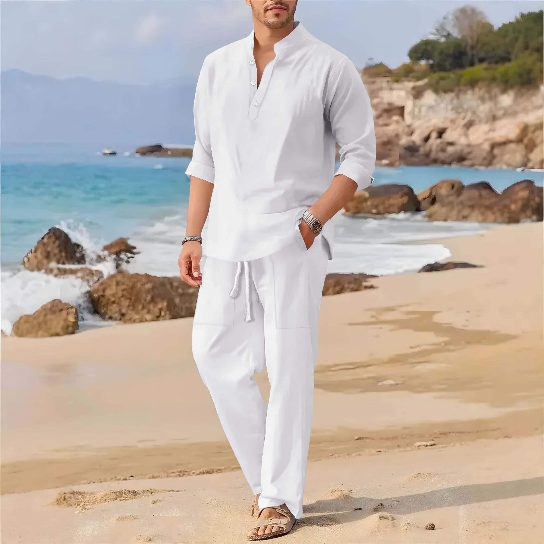 ชุดลำลองผู้ชายสไตล์เรโทร ผ้าฝ้ - Linen Fabric Natural บทวิจารณ์และราคา