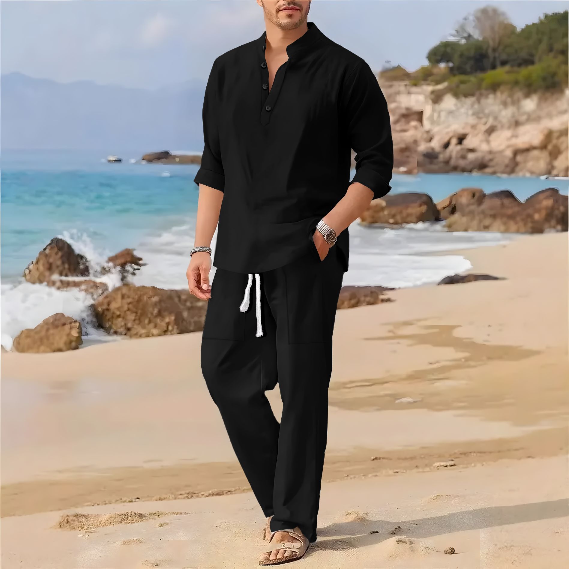 ชุดลำลองผู้ชายสไตล์เรโทร ผ้าฝ้ - Linen Fabric Natural บทวิจารณ์และราคา
