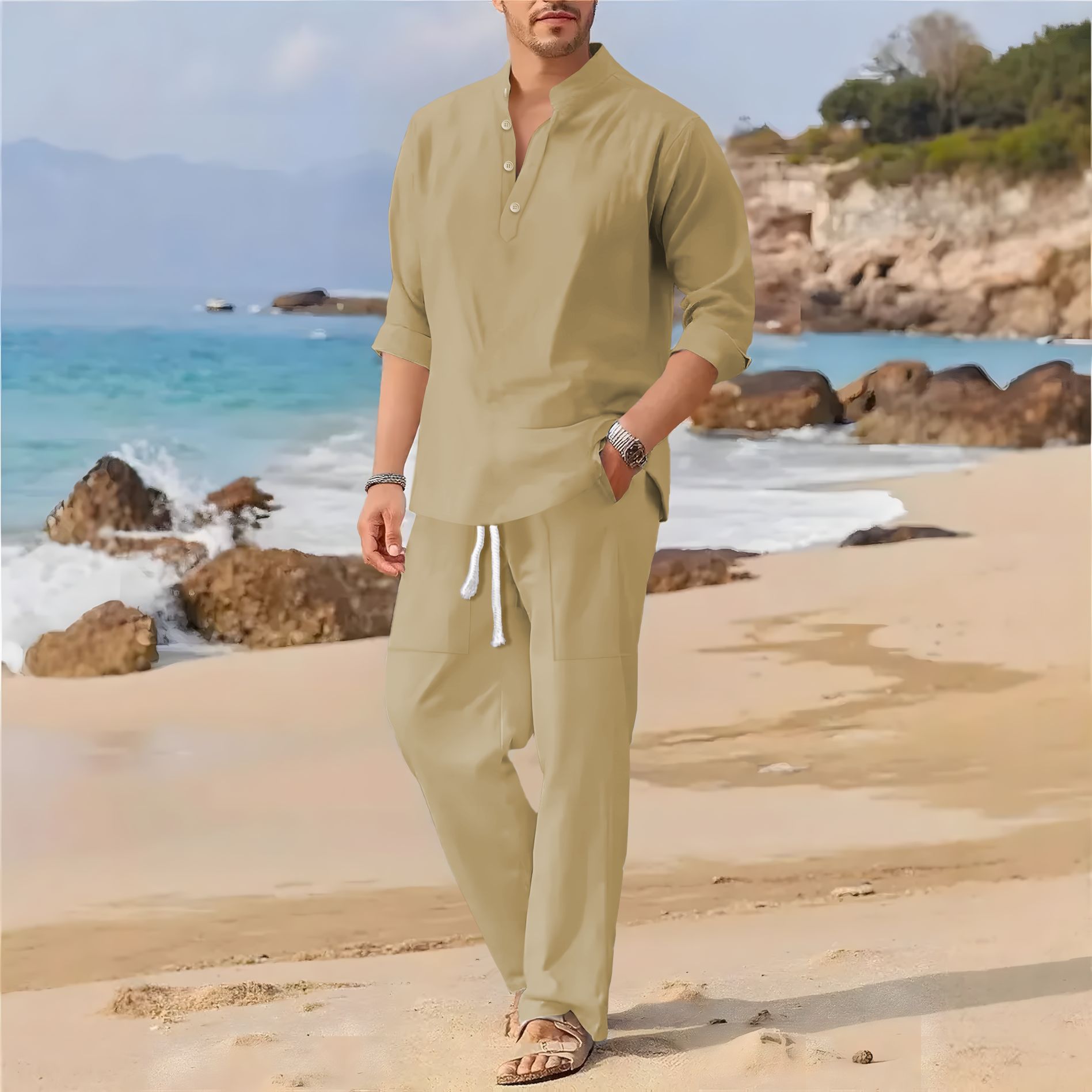 ชุดลำลองผู้ชายสไตล์เรโทร ผ้าฝ้ - Linen Fabric Natural บทวิจารณ์และราคา