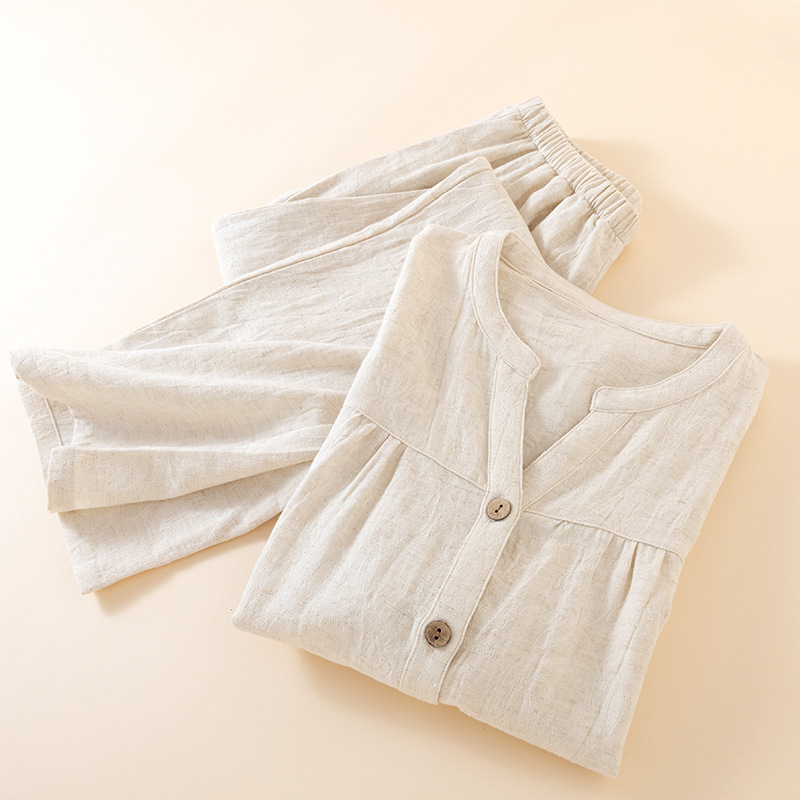 ชุดนอนผู้หญิงสไตล์ญี่ปุ่น คอวี - Linen Fabric Natural บทวิจารณ์และราคา